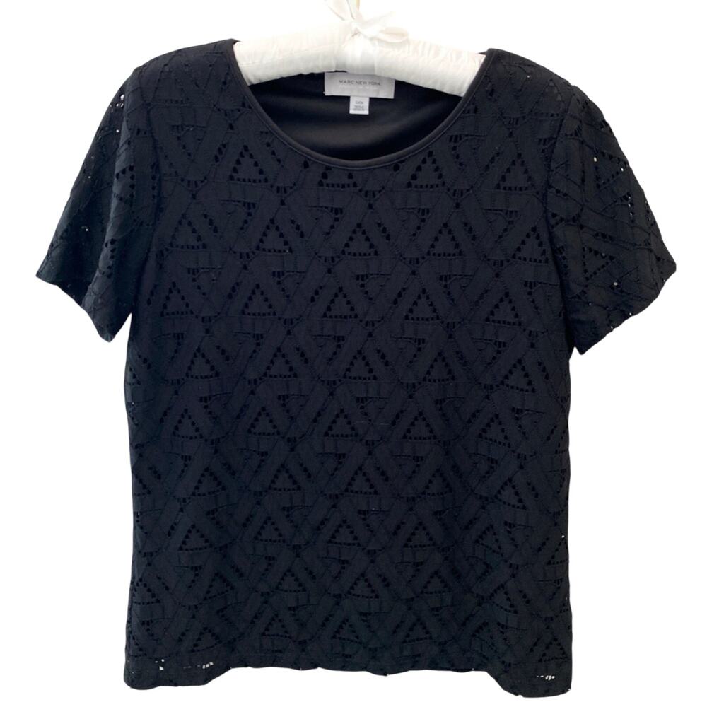 MARC NEW YORK Andrew Marc Black Eyelet Lace Top Geometric Blouse | Small